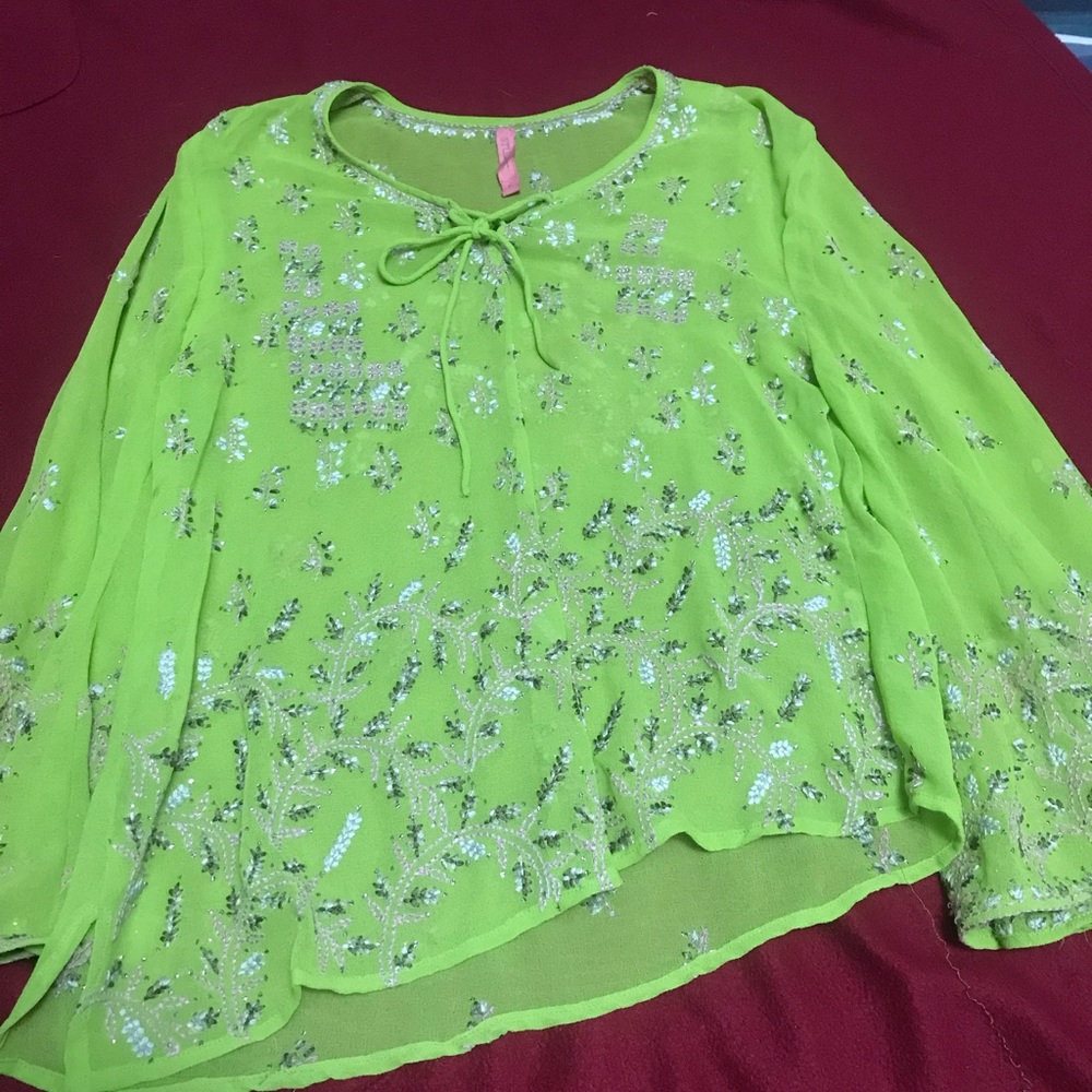 Studio C Sheer, Embroidered, Boho, Assymetrical Top
